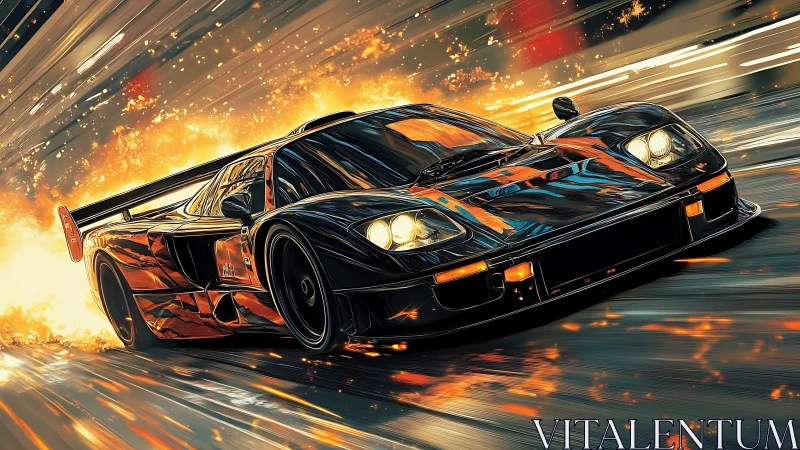 Midnight race car bursts through blazing neon speed trails