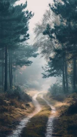 Forest Path Through Tall Pines with Misty Atmospheric Haze