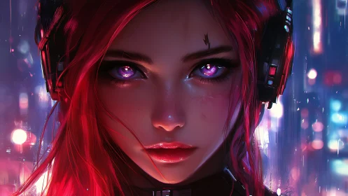 Neon city girl with glowing eyes and vivid magenta hair.