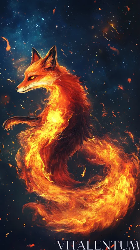 Volumetric fire fox spirit forming radiant spiral in cosmos
