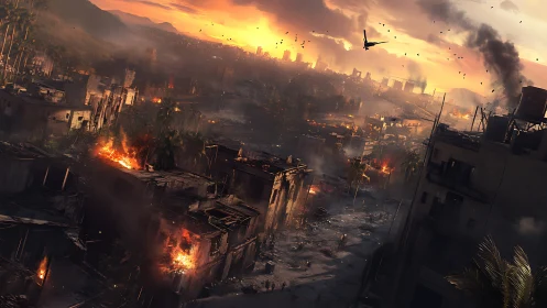 Blazing city skyline glows under a dramatic sunset sky