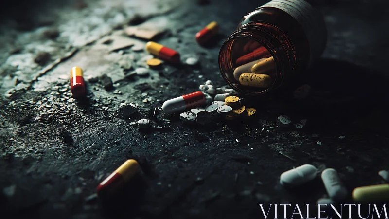 Photorealistic spill of prescription pills on gritty surface.
