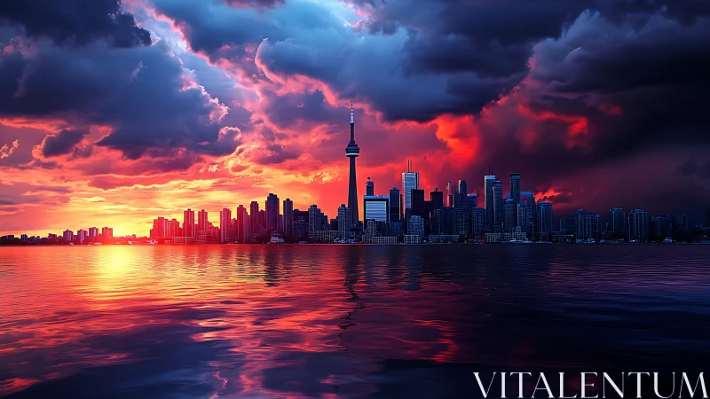 Digital painting skyline under chromatic storm sunset drama.