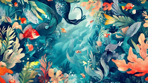 Colorful underwater scene with fish, plants, and mermaid tails.