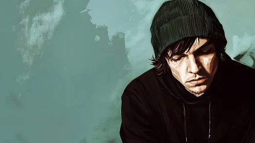 Hooded young man rendered in moody digital portrait