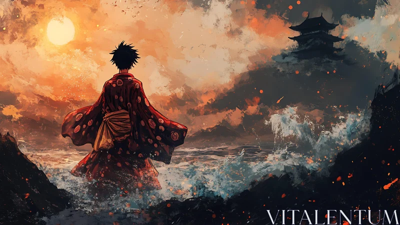 Samurai in crimson kimono confronts a stormlit sea at dusk.