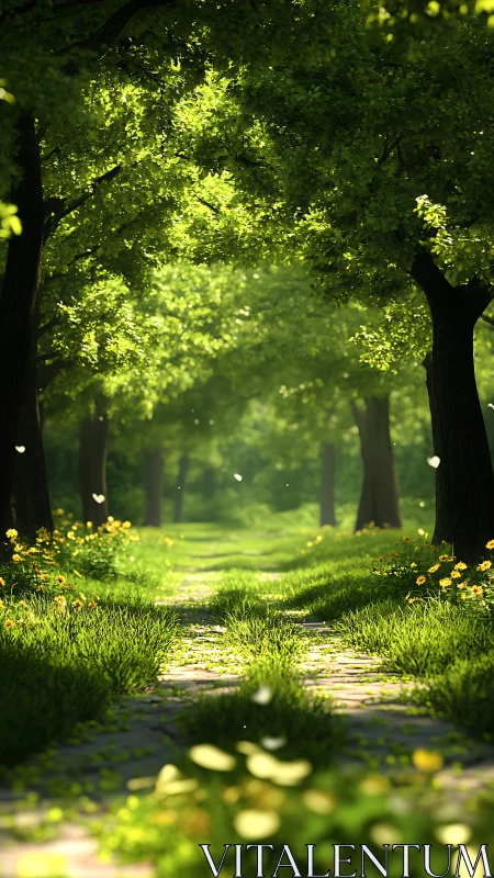 Luminous Tree-Lined Path Glowing with Spring Sunlight