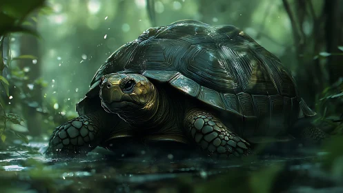 Hydrated forest tortoise rendered with hyperreal shell topology.