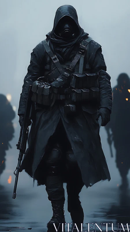 Mysterious hooded wanderer strides through misty ruins.