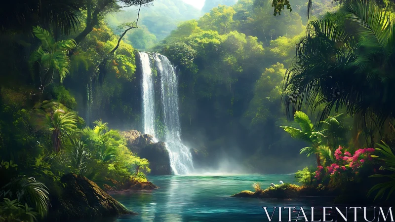 Waterfall descends into forest pool under diffuse daylight