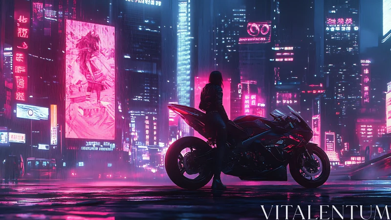 Motorcyclist in neon lit rainy cyberpunk city street at night.
