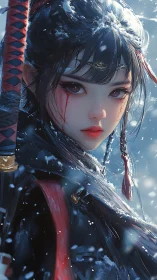 Snow-swept swordmaiden with crimson tears and winter fire.