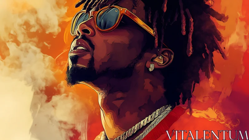 Digital portrait of man in sunglasses against orange smoke.