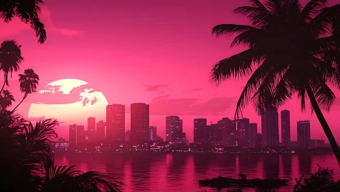 Neon tropic skyline under oversized magenta sunset glow.