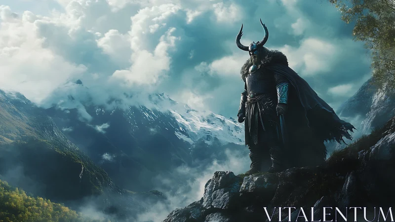 Horned winter warlord weighs storms above the high valley