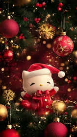 Jolly Santa-kitty nestled in glittering Christmas branches.