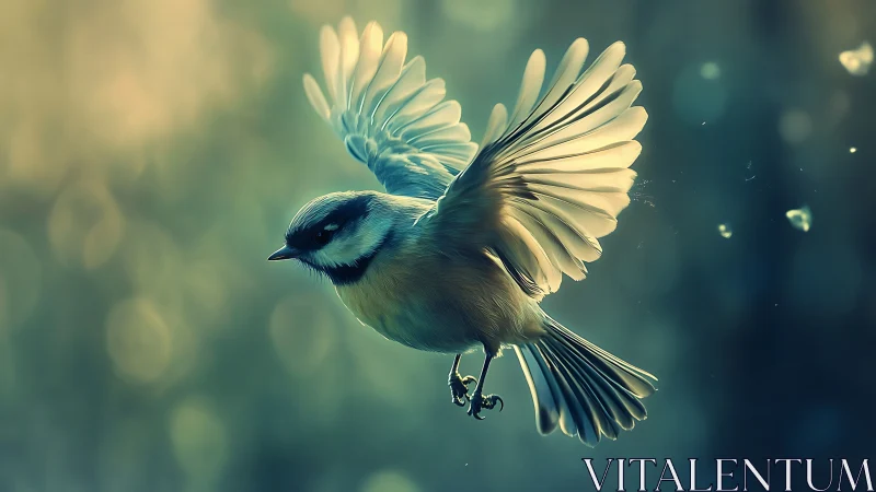 Songbird in Flight with Glowing Wings, Soft Focus Nature Art.