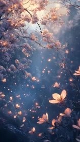 Bioluminescent petals under twilight cherry blossoms glow
