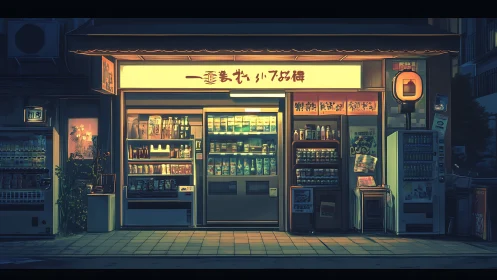 Neon dusk convenience store quietly glows on a city street