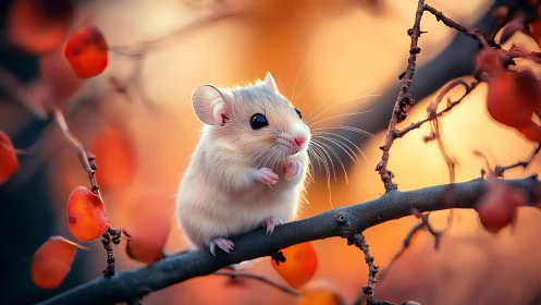 Dawn-lit velvet mouse perched among glowing autumn berries.