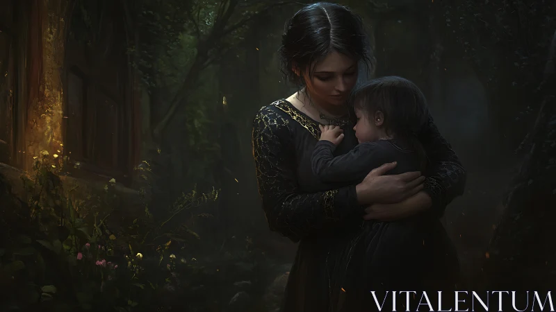 Mother shields child in emberlit forest dusk embrace.