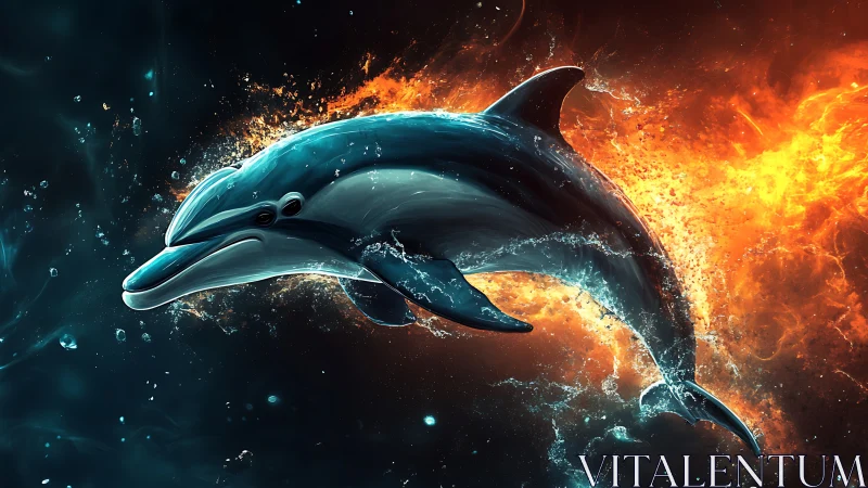 Fiery ocean energy surrounds a powerful dolphin in motion
