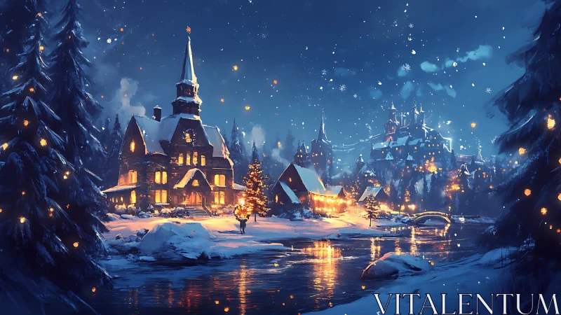 Cozy winter village glowing beside a peaceful icy river.