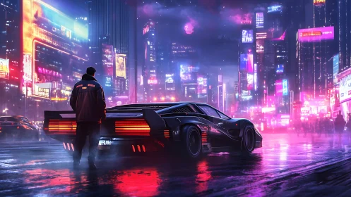 Cyberpunk street scene with sports car and neon skyline.