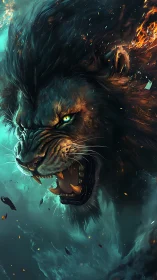 Roaring elemental lion erupts through swirling fire and storm