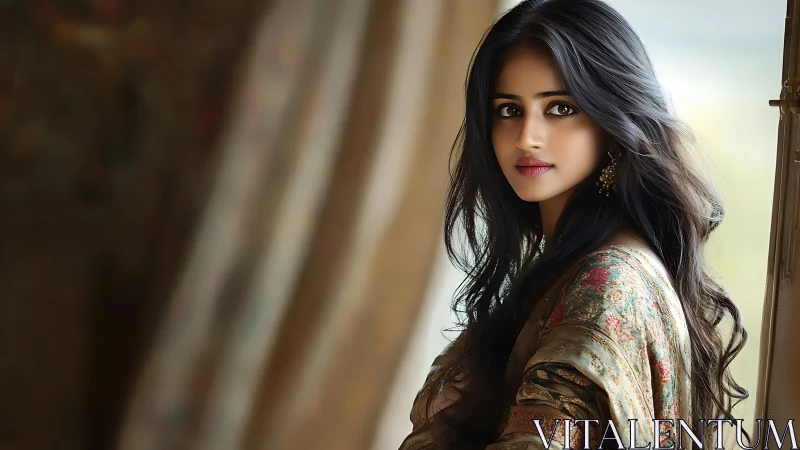 Graceful woman in ornate sari by softly lit window.