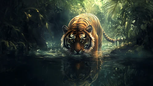 Predatory tiger advancing through luminous jungle waterway.