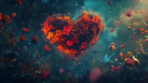 Heart-Shaped Floral Composition with Radiant Orange Blooms Against Teal Nebula.
