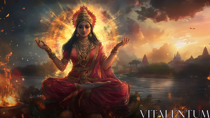 Hindu goddess figure in glowing meditation by a river.