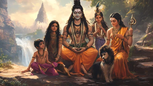 Hindu deities sit in detailed digital painting landscape