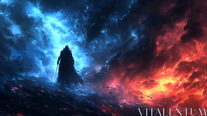 Cloaked warrior walks between blue storm and red fire sky.