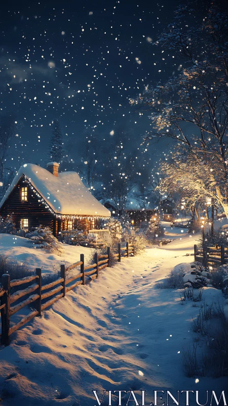 Snow covered cabin and village lane under winter night sky