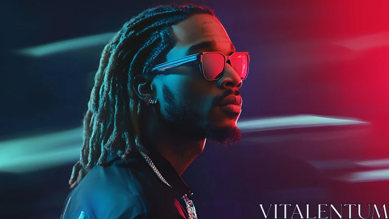 Profile portrait of man in sunglasses with neon lighting.