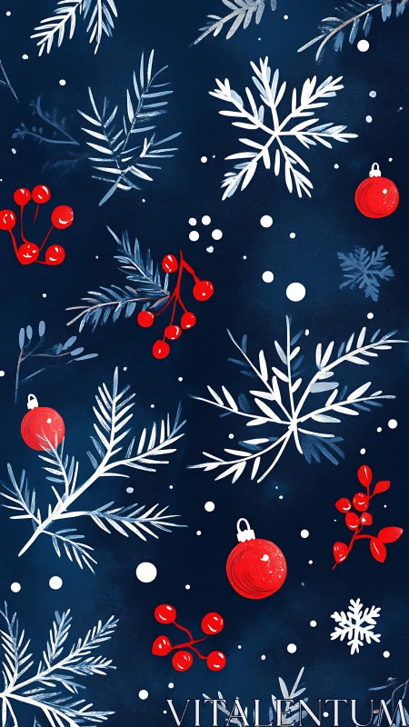 Winter foliage pattern shows red ornaments over navy field