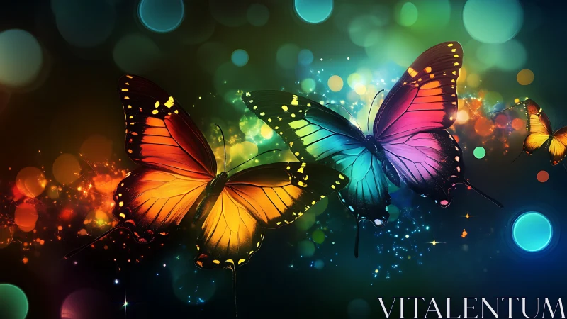 Luminous rainbow butterflies drift through sparkling neon dusk.