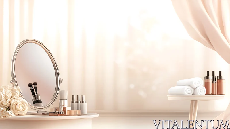 Vanity table with cosmetics, mirror and spa towels.