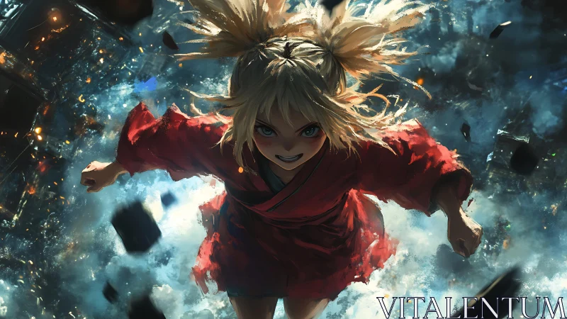Fierce anime girl surges through exploding, glittering void.