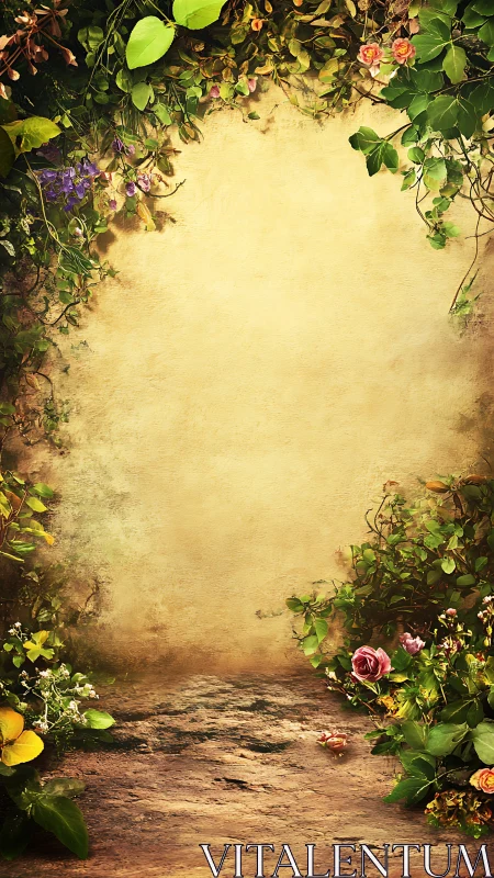 Weathered garden wall frames rustic floral passage space