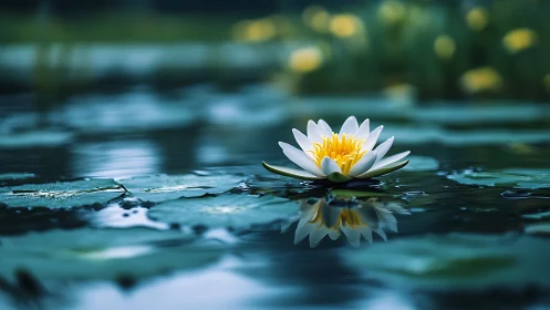 White water lily on calm pond with soft reflections.