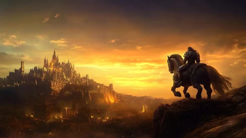 Armored rider on cliff overlooking burning fantasy city.