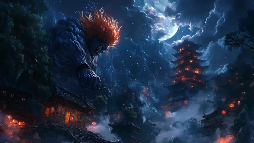 Giant blue demon attacks lantern lit mountain village at night.
