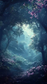 Mystical Forest Grove with Floating Petals and Sky