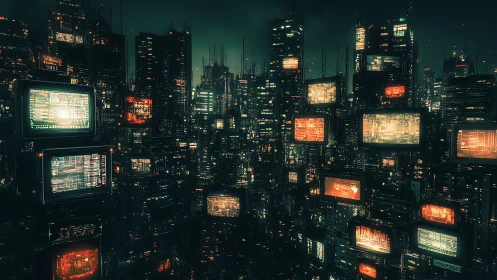 Dense neon cityscape with suspended data monitors at night.