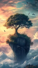 Lone tree crowns a floating island amid radiant clouds.