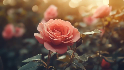 Coral Rose Blooms in Golden Afternoon Light