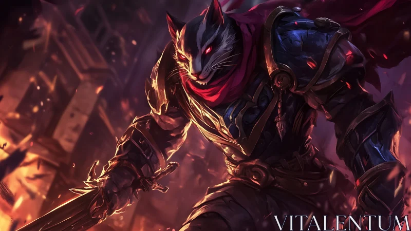 Armored warrior cat strides through burning, ruined cityscape